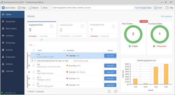 Maintenance tracking software screenshot